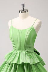 Green A Line Tiered Short Homecoming Dress With Bow