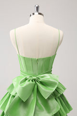 Green A Line Tiered Short Homecoming Dress With Bow