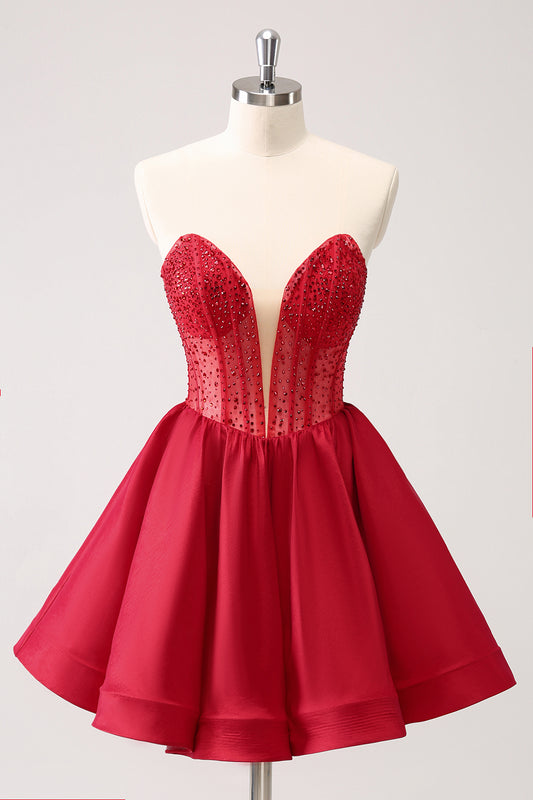 Sparkly Beaed Red A Line Corset Short Homecoming Dress