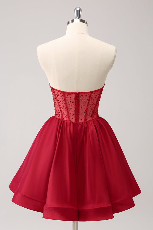 Sparkly Beaed Red A Line Corset Short Homecoming Dress