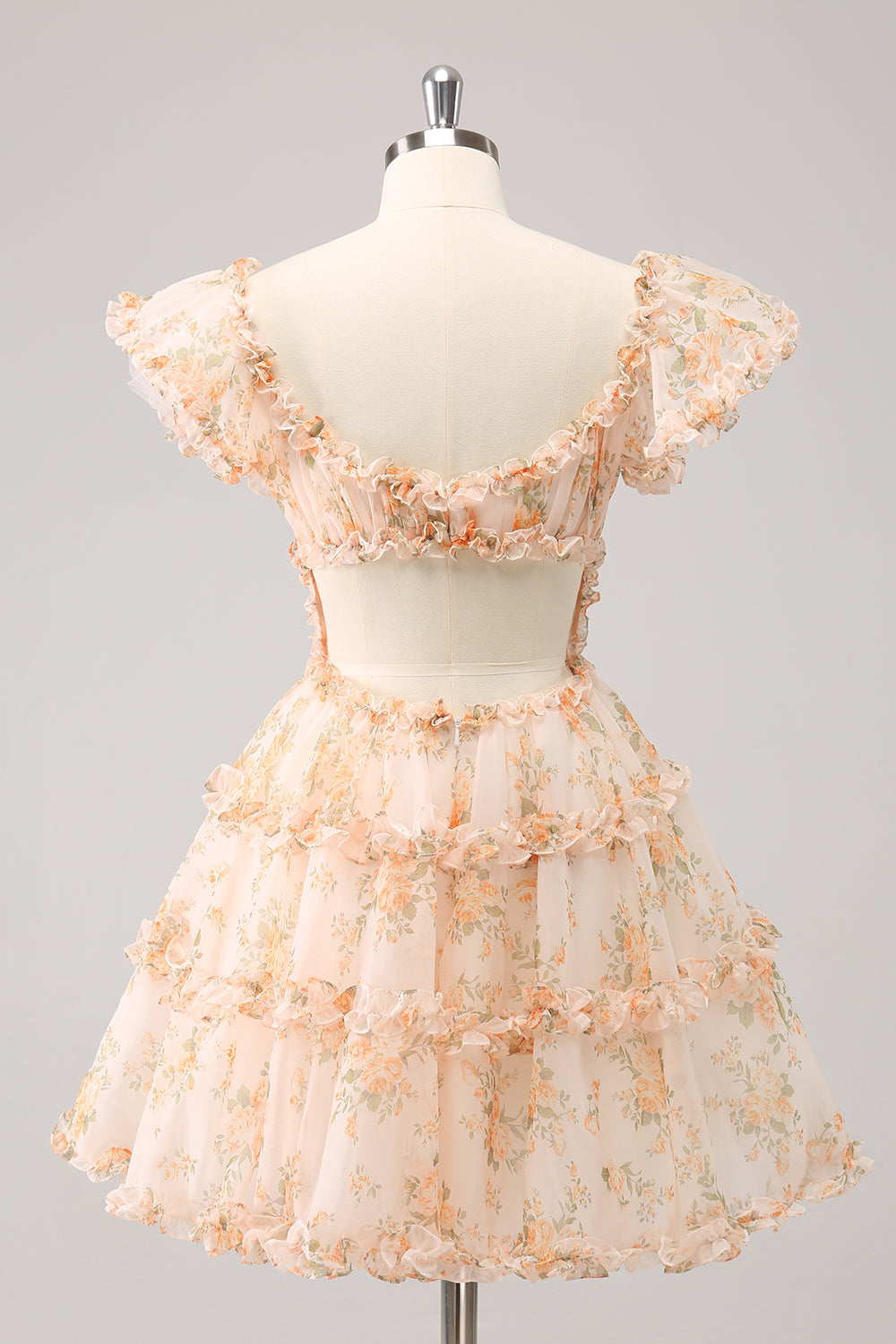 Yellow Printed Flower Tiered A Line Short Homecoming Dress