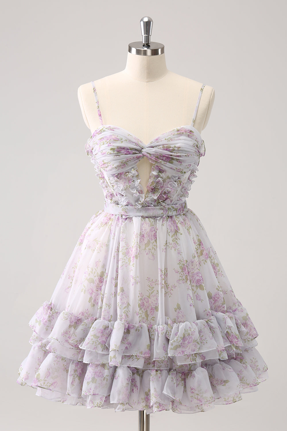 Lilac Printed Flower Tiered Spaghetti Straps Short Homecoming Dress