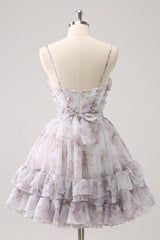 Lilac Printed Flower Tiered Spaghetti Straps Short Homecoming Dress