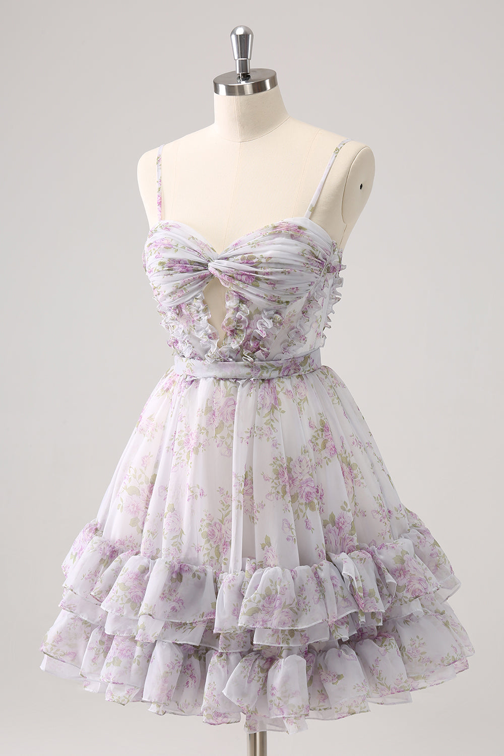 Lilac Printed Flower Tiered Spaghetti Straps Short Homecoming Dress