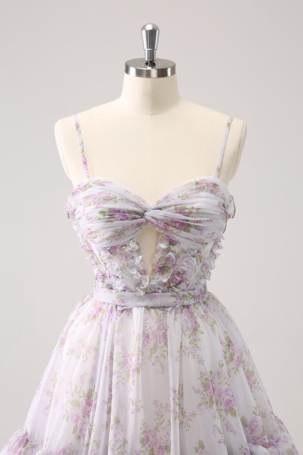 Lilac Printed Flower Tiered Spaghetti Straps Short Homecoming Dress