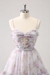 Lilac Printed Flower Tiered Spaghetti Straps Short Homecoming Dress