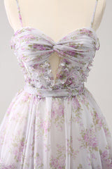 Lilac Printed Flower Tiered Spaghetti Straps Short Homecoming Dress