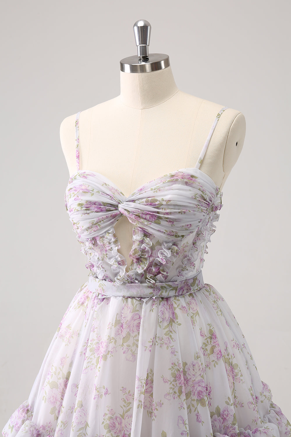 Lilac Printed Flower Tiered Spaghetti Straps Short Homecoming Dress