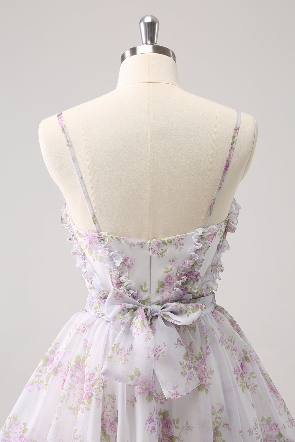 Lilac Printed Flower Tiered Spaghetti Straps Short Homecoming Dress