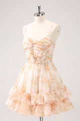 Lilac Printed Flower Tiered Spaghetti Straps Short Homecoming Dress