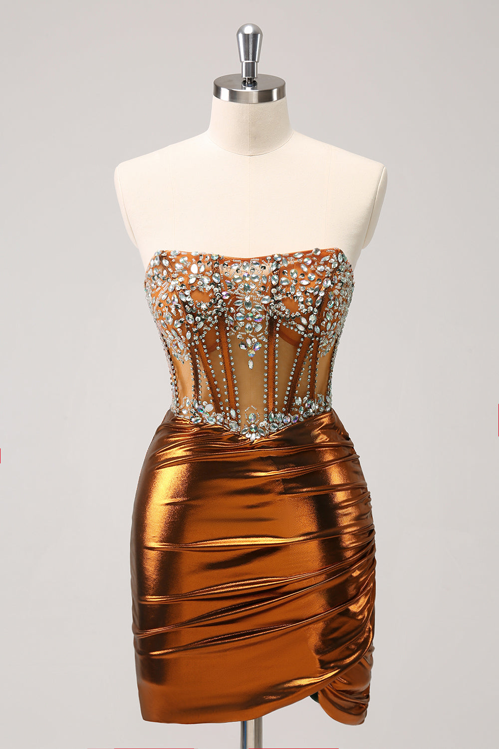 Sparkly Copper Strapless Beaed Tight Short Homecoming Dress