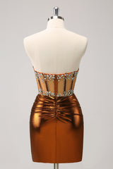 Sparkly Copper Strapless Beaed Tight Short Homecoming Dress