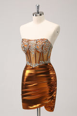 Sparkly Copper Strapless Beaed Tight Short Homecoming Dress