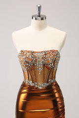 Sparkly Copper Strapless Beaed Tight Short Homecoming Dress