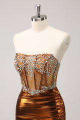 Sparkly Copper Strapless Beaed Tight Short Homecoming Dress