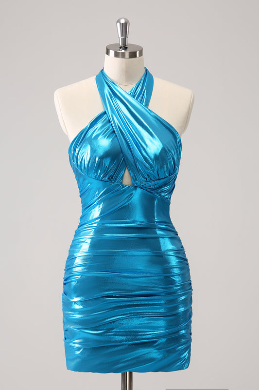 Blue Halter Backless Tight Short Homecoming Dress