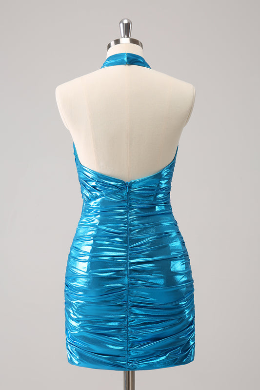 Blue Halter Backless Tight Short Homecoming Dress