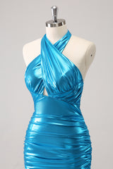 Blue Halter Backless Tight Short Homecoming Dress