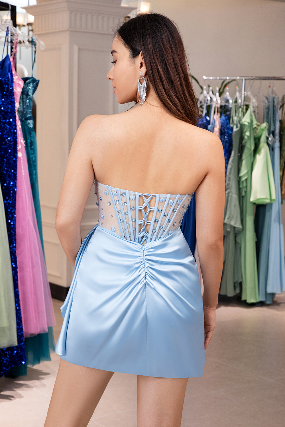 Sparkly Blue Strapless Corset Tight Short Homecoming Dress with Sequins