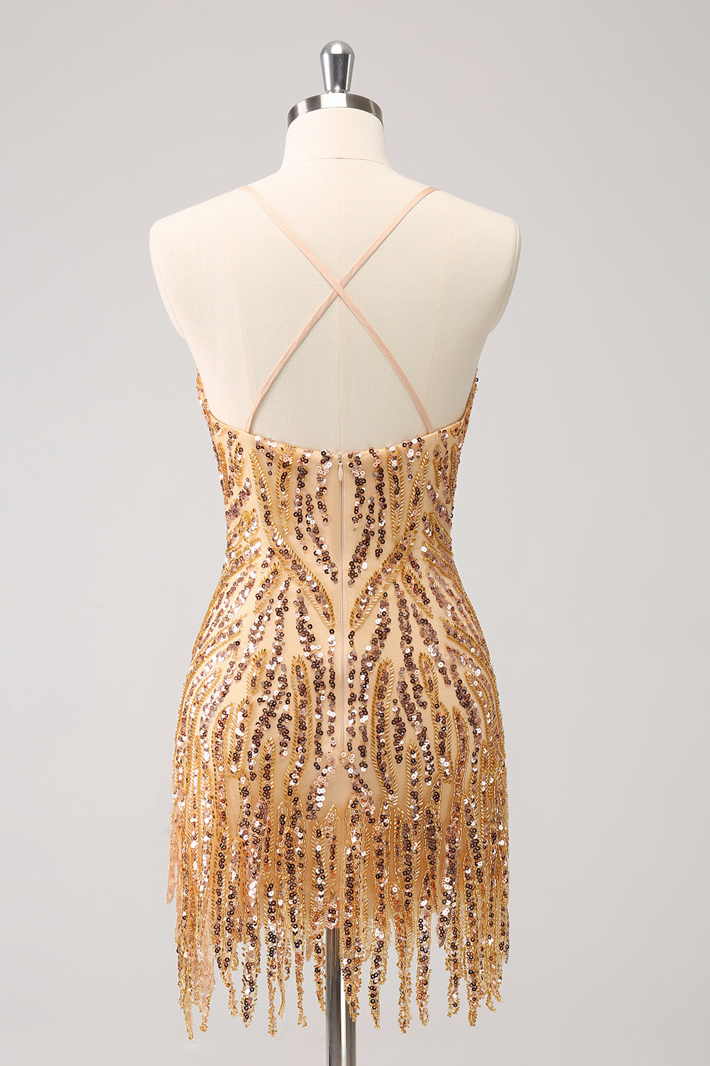 Sparkly Gold Sequined Spaghetti Straps Tight Short Homecoming Dress With Fringes