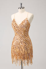 Sparkly Gold Sequined Spaghetti Straps Tight Short Homecoming Dress With Fringes