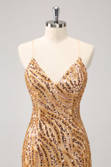 Sparkly Gold Sequined Spaghetti Straps Tight Short Homecoming Dress With Fringes