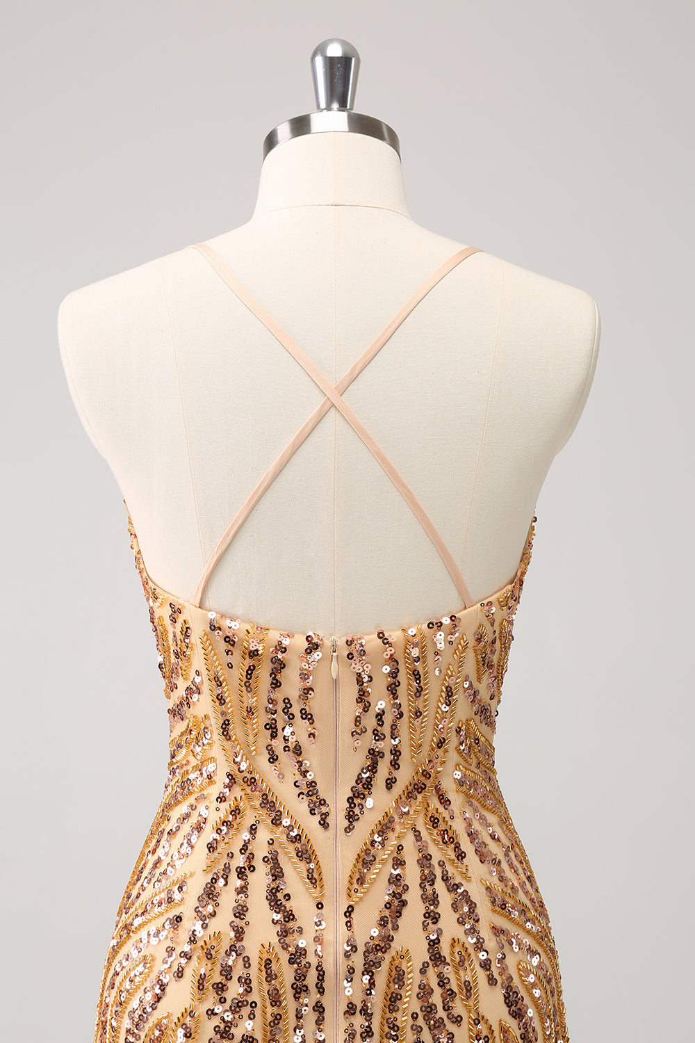 Sparkly Gold Sequined Spaghetti Straps Tight Short Homecoming Dress With Fringes