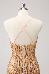 Sparkly Gold Sequined Spaghetti Straps Tight Short Homecoming Dress With Fringes