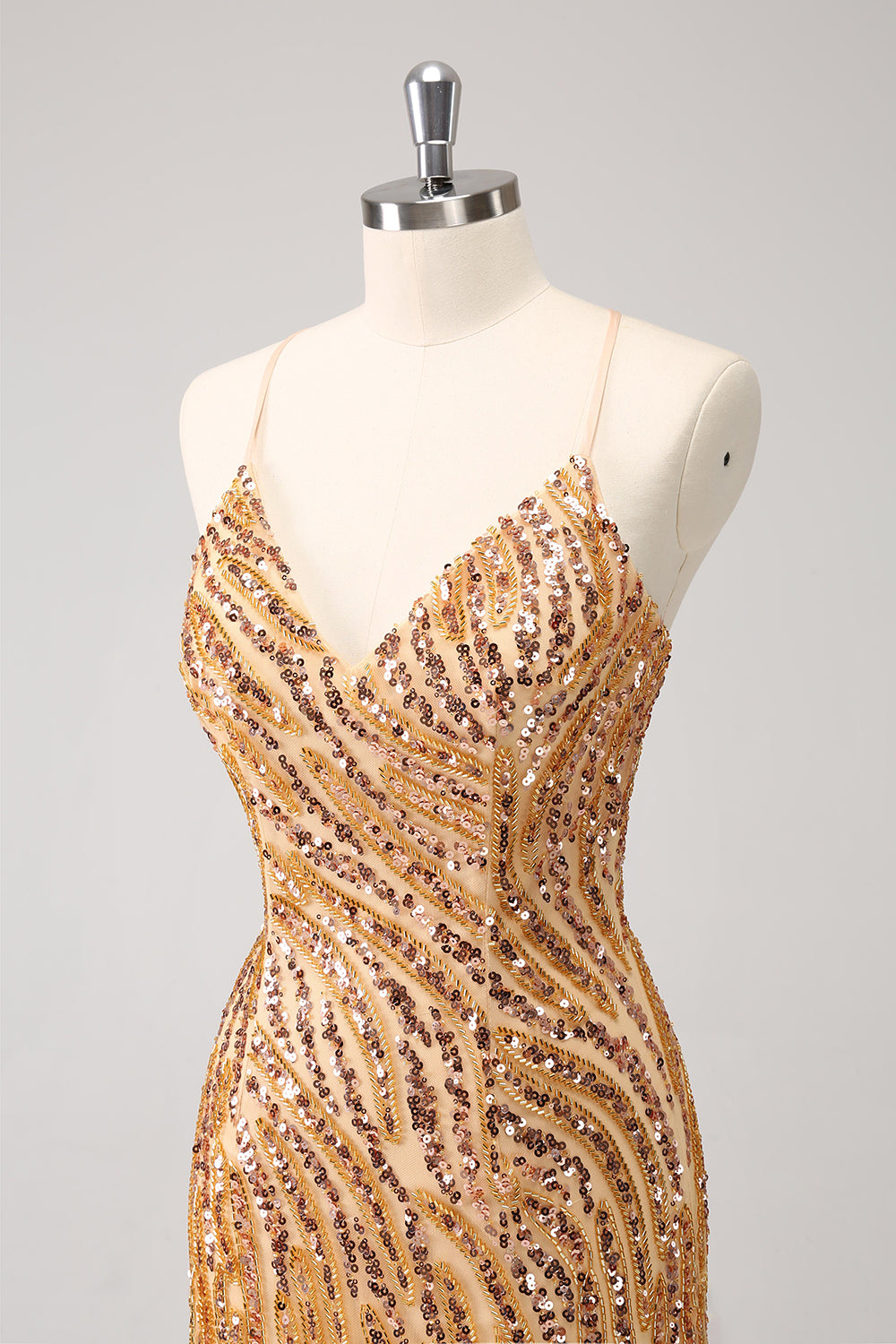 Sparkly Gold Sequined Spaghetti Straps Tight Short Homecoming Dress With Fringes