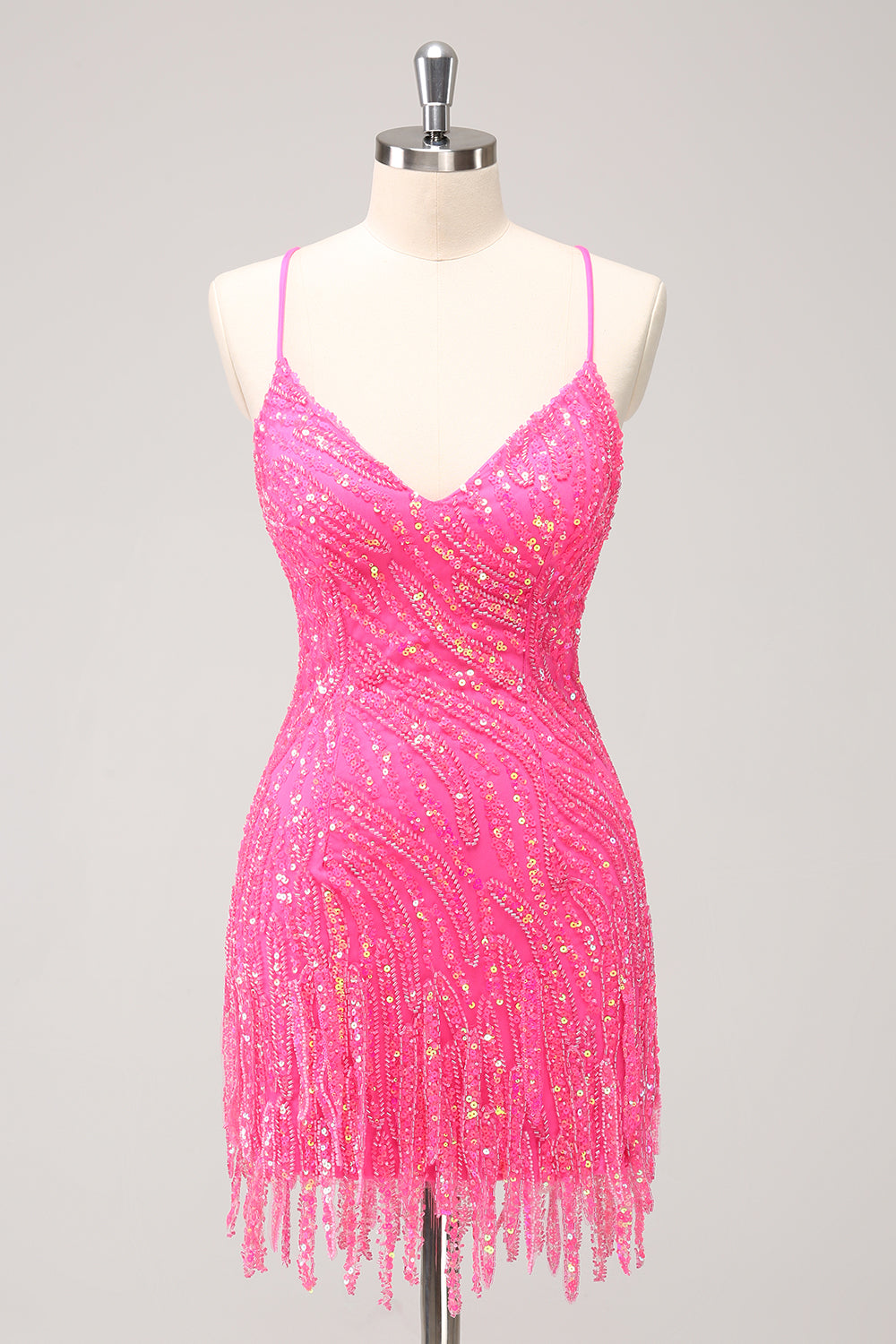 Sparkly Hot Pink Sequins Spaghetti Straps Tight Short Homecoming Dress With Fringes