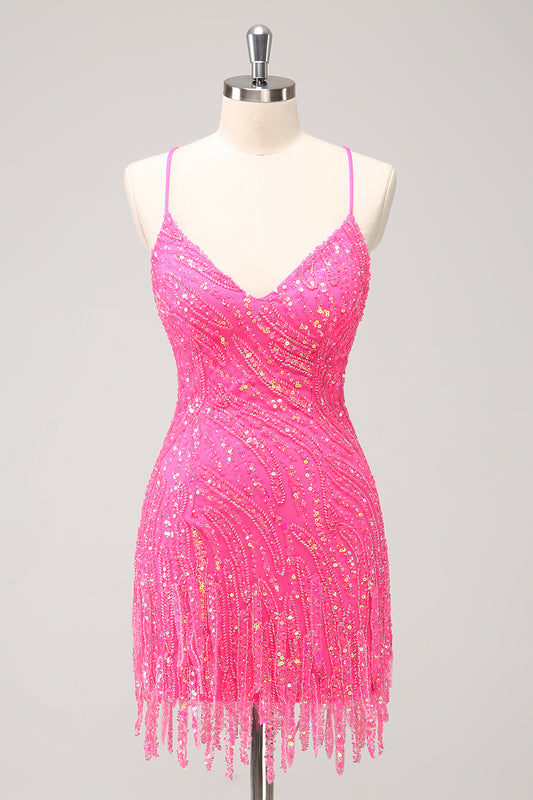 Sparkly Hot Pink Sequins Spaghetti Straps Tight Short Homecoming Dress With Fringes