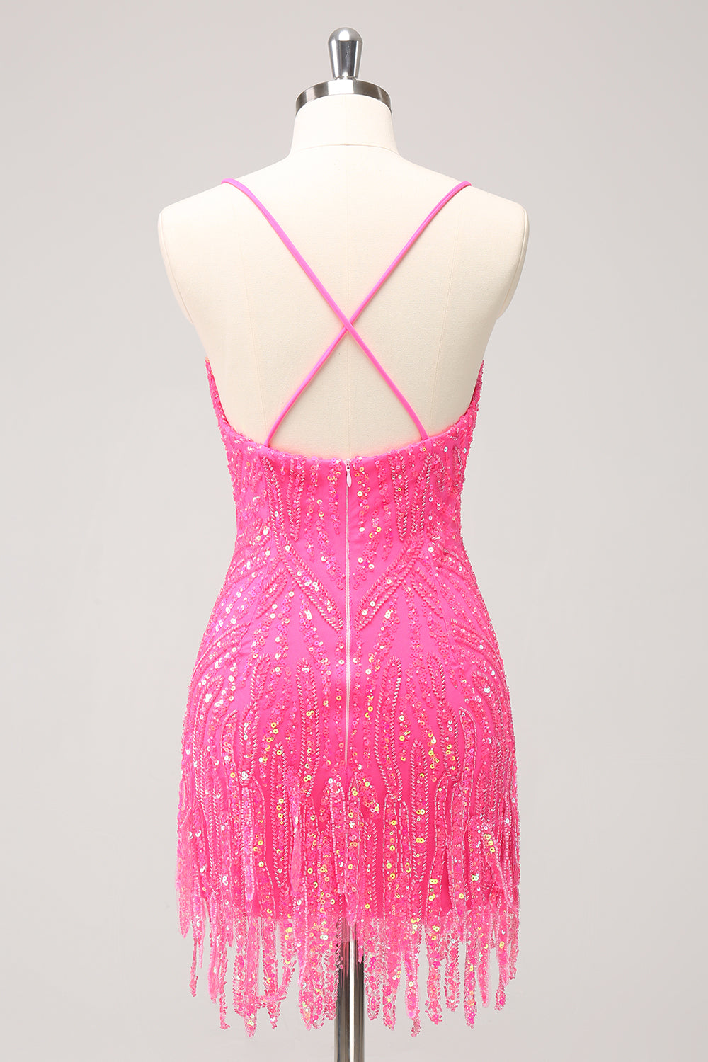 Sparkly Hot Pink Sequins Spaghetti Straps Tight Short Homecoming Dress With Fringes