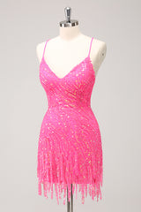 Sparkly Hot Pink Sequins Spaghetti Straps Tight Short Homecoming Dress With Fringes