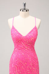 Sparkly Hot Pink Sequins Spaghetti Straps Tight Short Homecoming Dress With Fringes