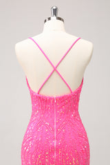 Sparkly Hot Pink Sequins Spaghetti Straps Tight Short Homecoming Dress With Fringes