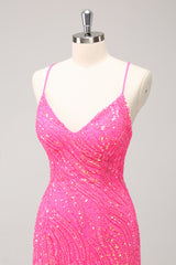 Sparkly Hot Pink Sequins Spaghetti Straps Tight Short Homecoming Dress With Fringes