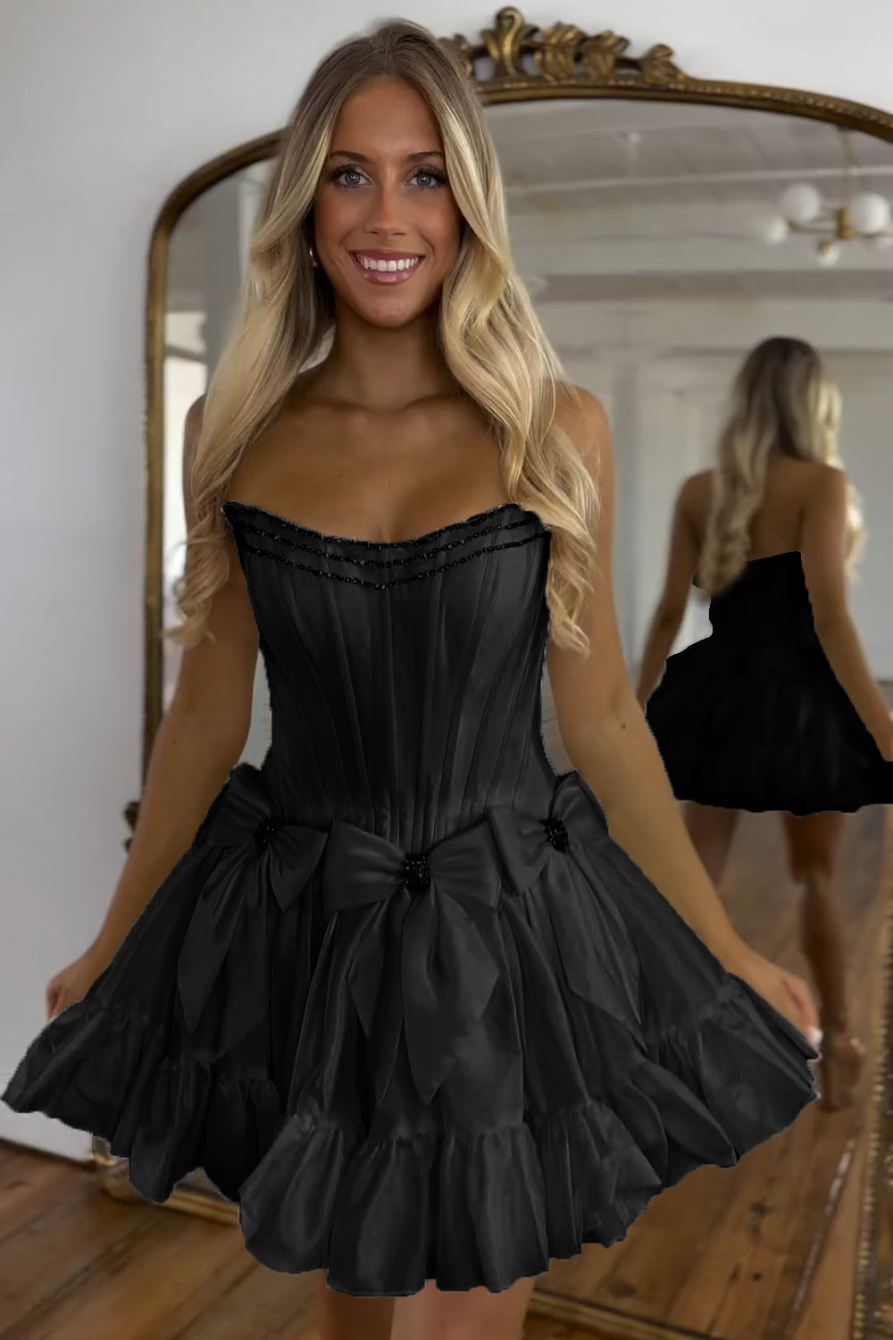 Sparkly Black Strapless Corset Short Homecoming Dress With Bow