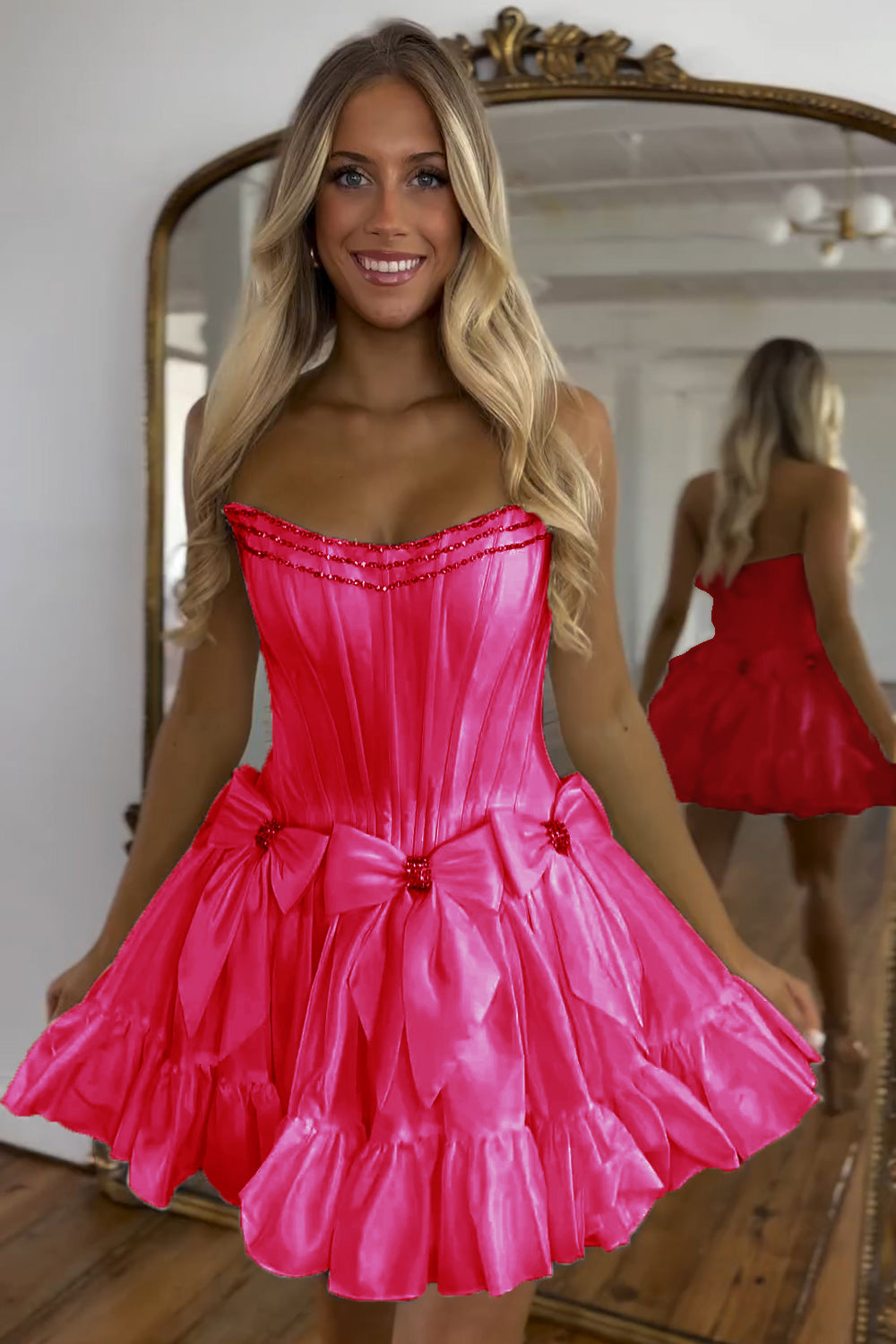 Sparkly Fuchsia Strapless Corset Short Homecoming Dress With Bow