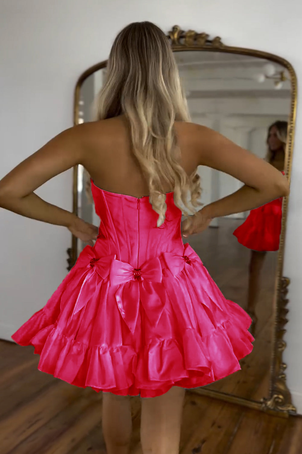 Sparkly Fuchsia Strapless Corset Short Homecoming Dress With Bow