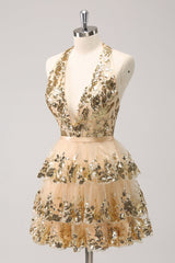 Sparkly Golden Backless A-Line Halter Short Homecoming Dress