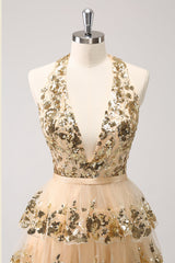 Sparkly Golden Backless A-Line Halter Short Homecoming Dress