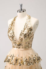 Sparkly Golden Backless A-Line Halter Short Homecoming Dress