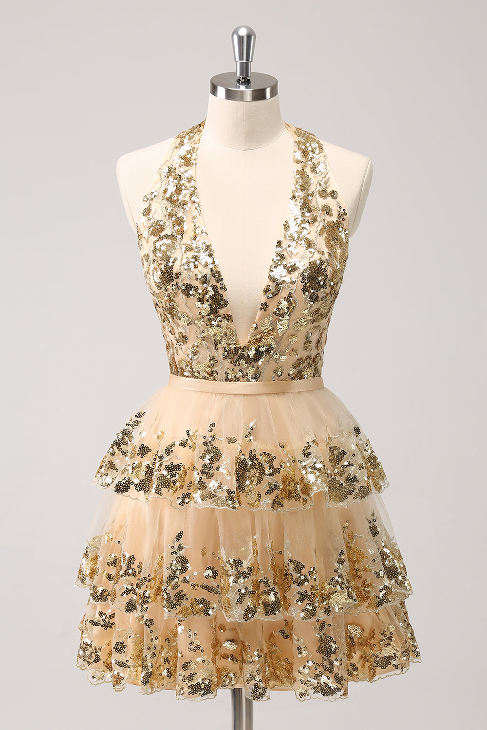 Sparkly Golden Backless A-Line Halter Short Homecoming Dress