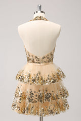 Sparkly Golden Backless A-Line Halter Short Homecoming Dress