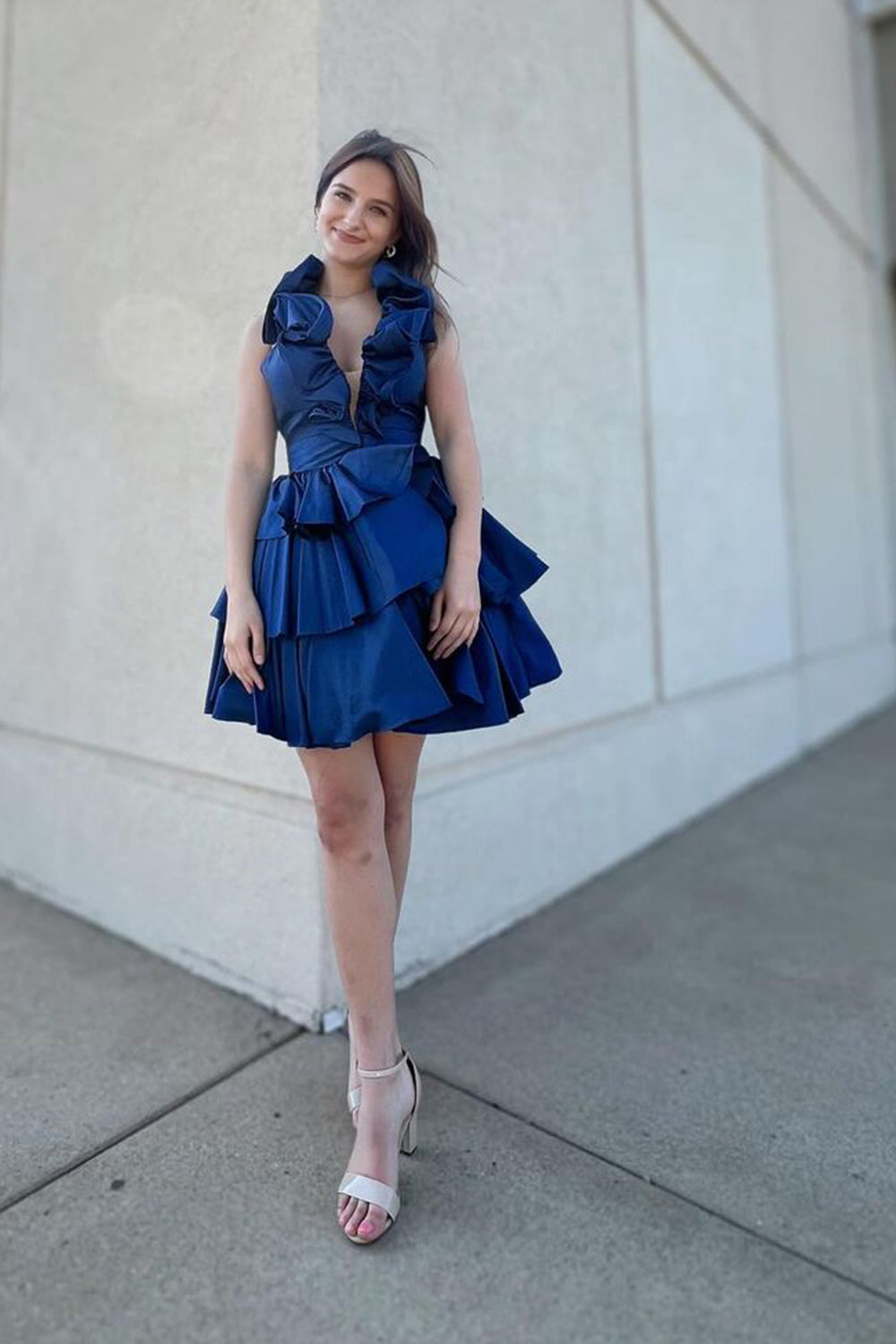 A Line Light Blue Halter Short Homecoming Dress With Ruffles