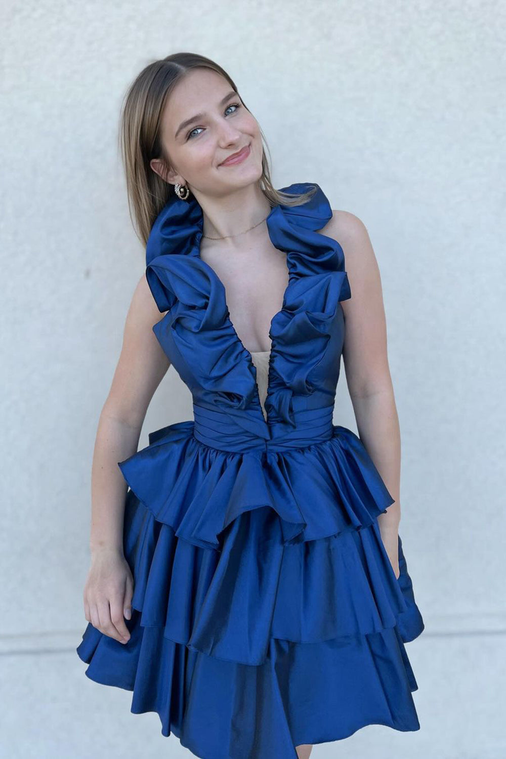 A Line Light Blue Halter Short Homecoming Dress With Ruffles