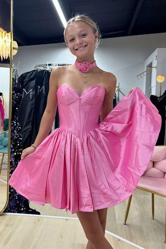 Pink A-Line Sweetheart Corset Satin Short Homecoming Dress