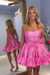 Fluffy Fuchsia Strapless A Line Tiered Short Homecoming Dress with Bow