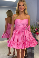 Fluffy Fuchsia Strapless A Line Tiered Short Homecoming Dress with Bow