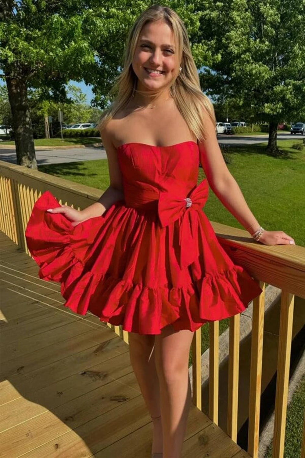 Fluffy Fuchsia Strapless A Line Tiered Short Homecoming Dress with Bow